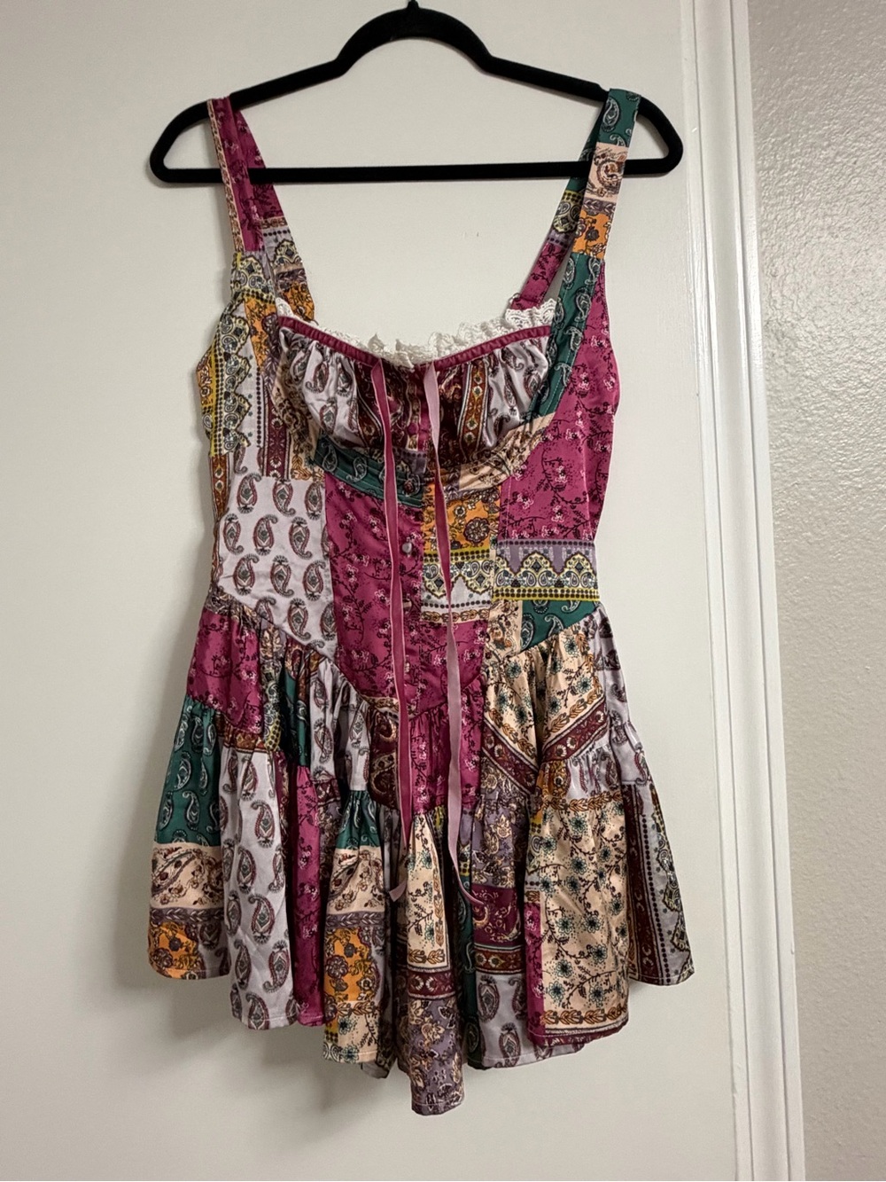 Sky to Moon Patchwork Print Sleeveless Mini Romper in Magenta and Teal